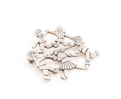 925 Sterling Silver Vintage Brooch Pin Happy Children Playing In Circle  BP11334