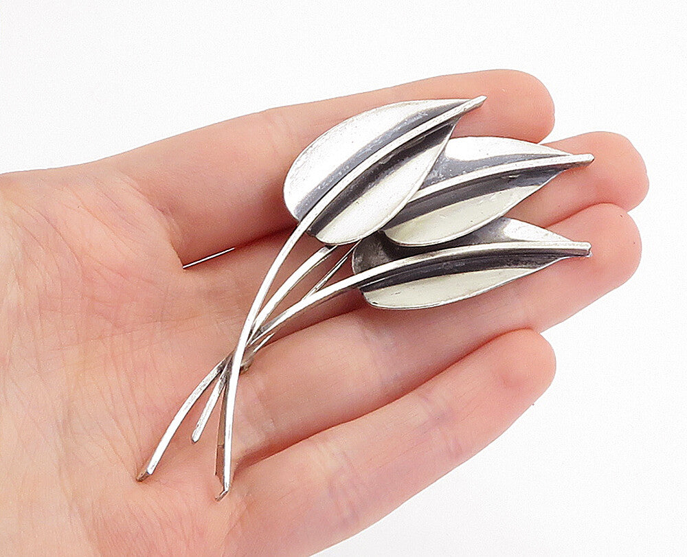JEWEL ART 925 Silver  Vintage Oxidized Detail Floral Leaves Brooch Pin  BP1716