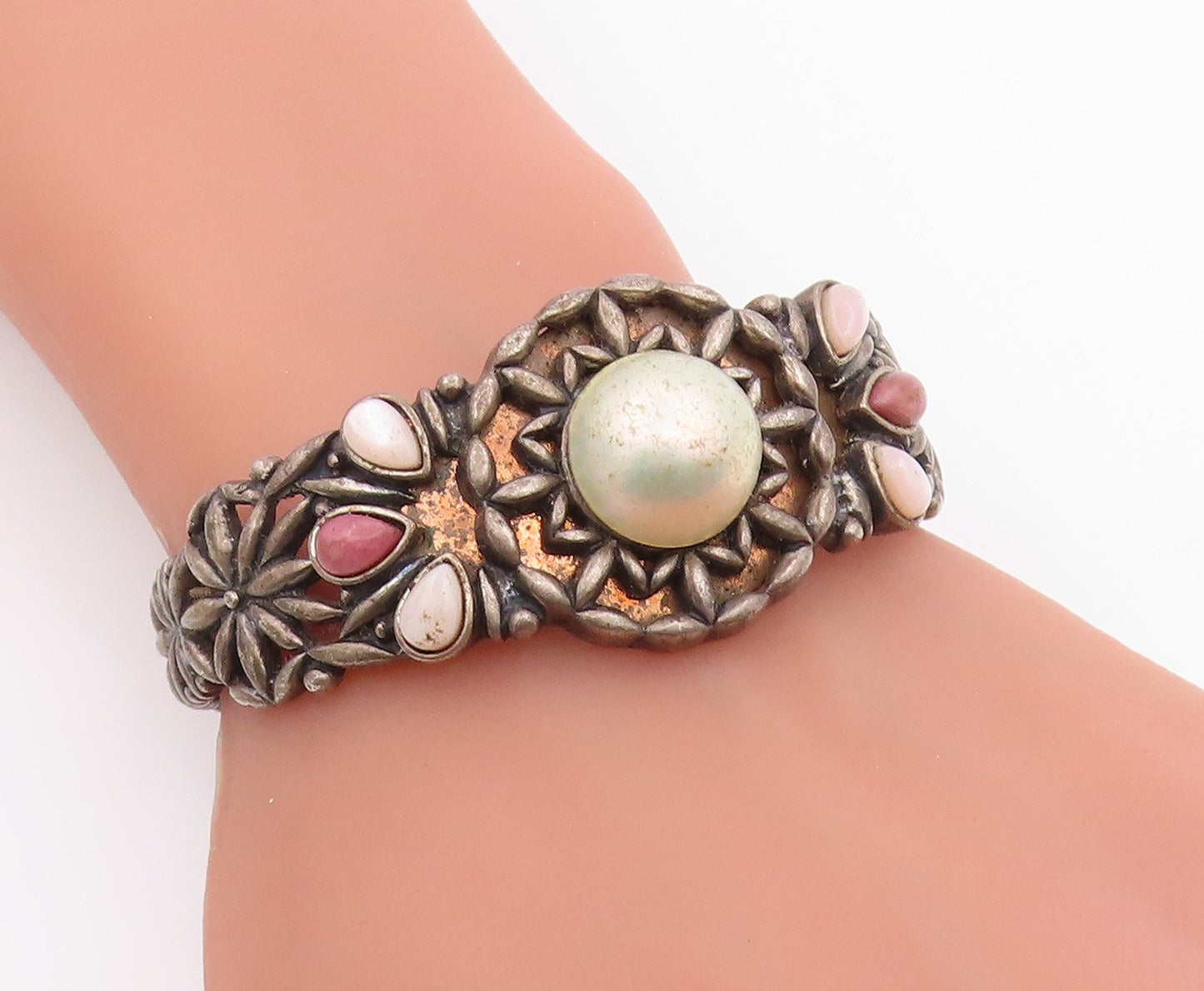 925 Sterling Silver Vintage Bracelet CAROLYN POLLACK Multi Gemstone Cuff BT11968