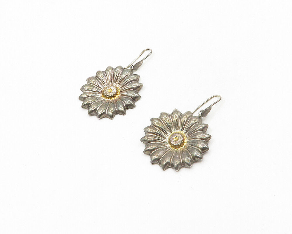 925 Sterling Silver  Vintage Dark Tone Flower Motif Drop Earrings  EG9083