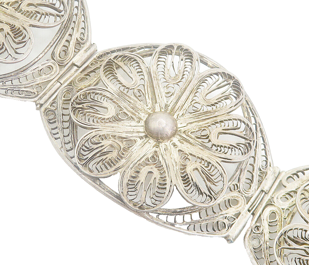 MEXICO 925 Sterling Silver  Vintage Filigree Flower Panel Bracelet  BT3405