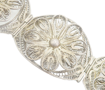 MEXICO 925 Sterling Silver  Vintage Filigree Flower Panel Bracelet  BT3405