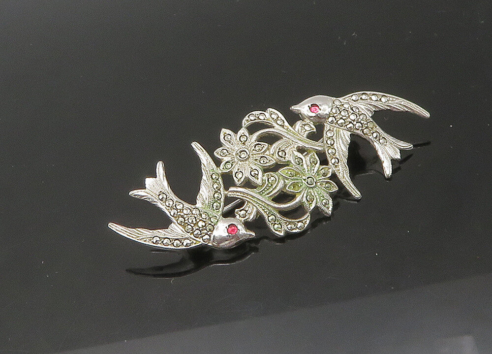 925 Sterling Silver  Vintage Pink Stone Eyes Shiny Birds Brooch Pin  BP8797