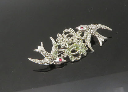 925 Sterling Silver  Vintage Pink Stone Eyes Shiny Birds Brooch Pin  BP8797