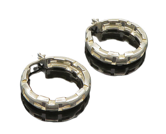 925 Sterling Silver  Vintage T Pattern Cut Out Hoop Earrings  EG11577