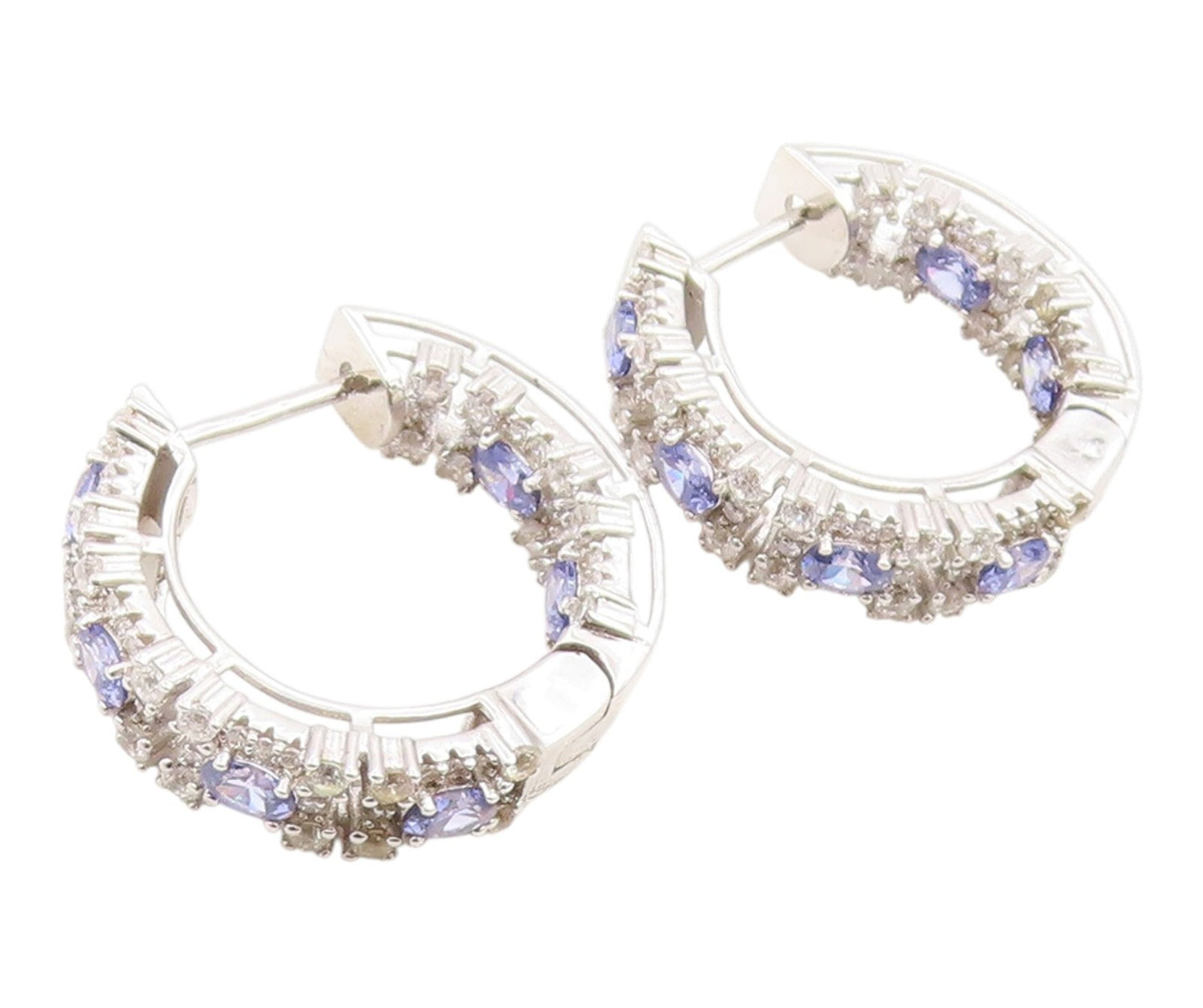 925 Sterling Silver Vintage Earrings Tanzanite Halo Sapphire Hoops  EG14335
