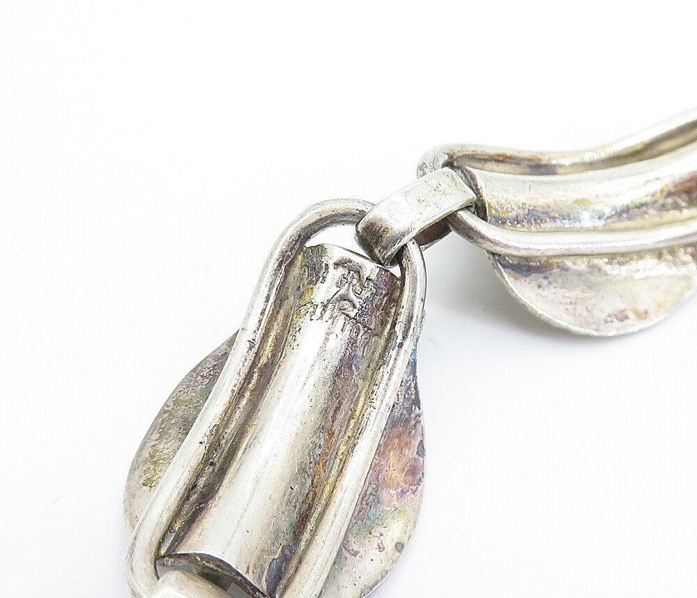 925 Sterling Silver  Vintage Modernist Floral Leaf Link Chain Bracelet  BT3325