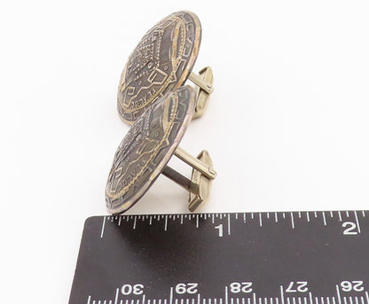 925 Sterling Silver Vintage Cuff Links Dark Tone Trible Face Carved  TR3881