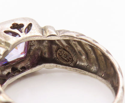 925 Sterling Silver Vintage Ring Modernist Amethyst Ribbed Band  Sz 7  RG35661