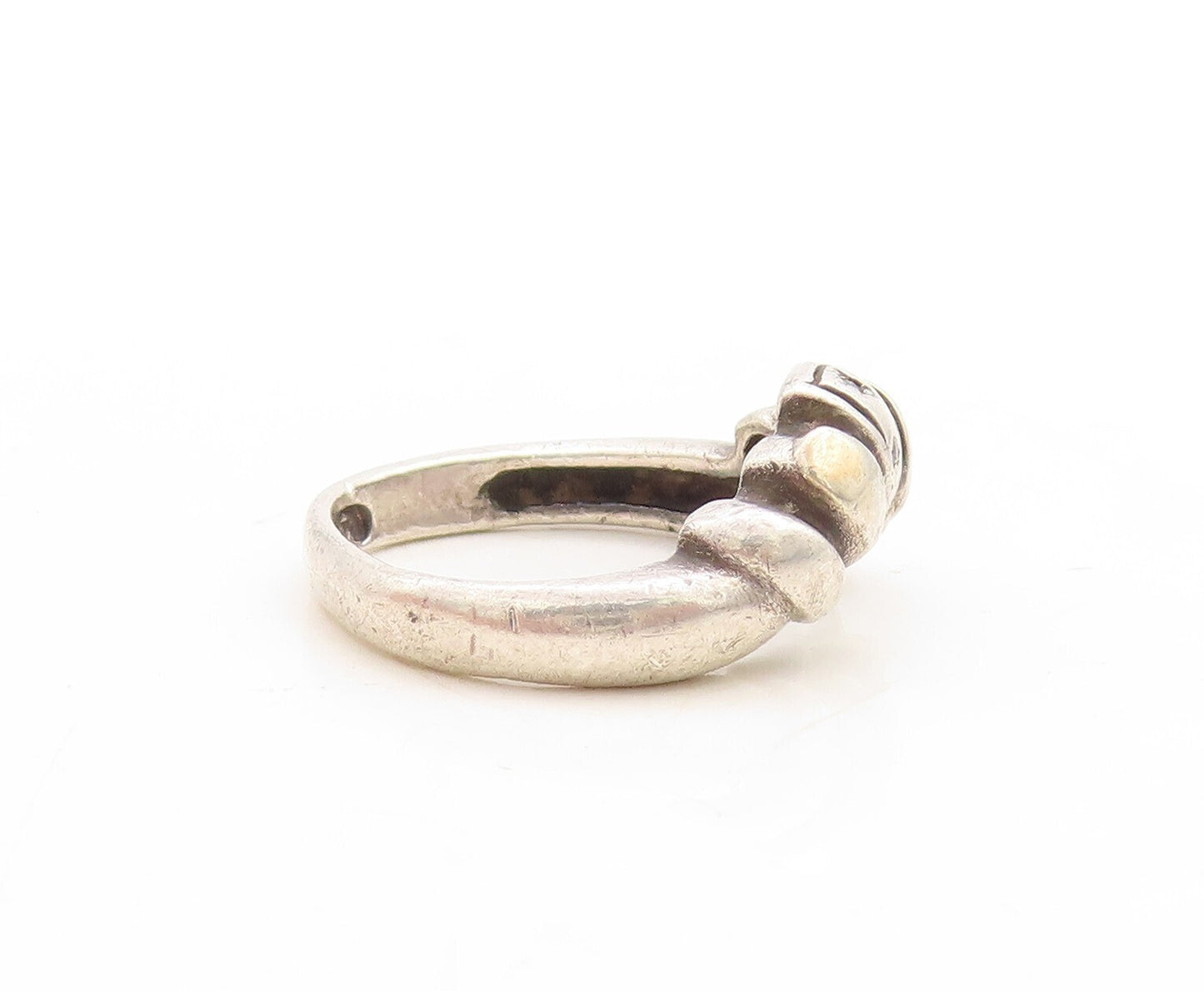 925 Sterling Silver Vintage Ring Dark Tone Diamonds Inlay Grooved Sz 5.5 RG31241