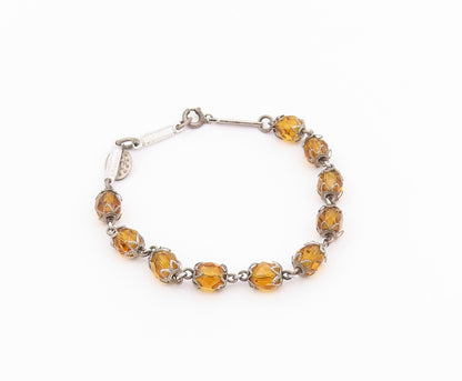 925 Sterling Silver  Vintage Faceted Citrine Beaded Chain Bracelet  BT8486