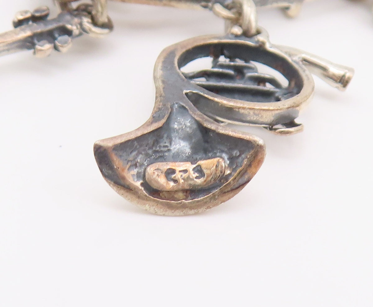 925 Sterling Silver Vintage Brooch Musical Notes & Dangling Instruments  BP11697