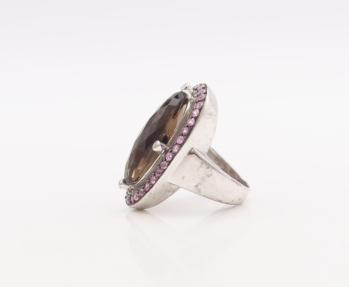 925 Sterling Silver Vintage Ring Pink CZ & Oval Cut Smoky Quartz Sz 7  RG29841