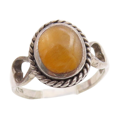 925 Sterling Silver Vintage Ring Tiger's Eye Love Hearts Cut Out  Sz 6  RG33794