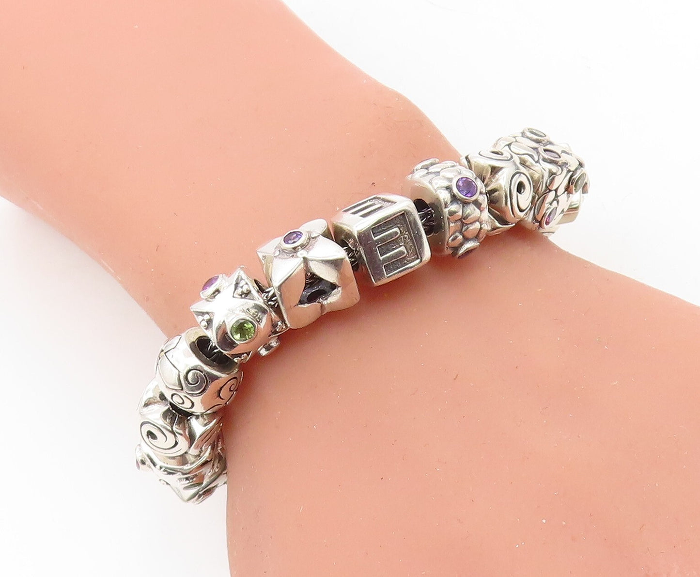 925 Sterling Silver & 18K GOLD Vintage Multi Gemstone Chain Bracelet BT3014