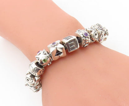 925 Sterling Silver & 18K GOLD Vintage Multi Gemstone Chain Bracelet BT3014
