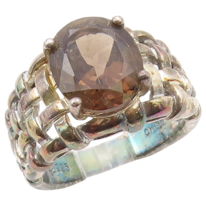 925 Sterling Silver Vintage Ring Smoky Quartz Basket Weave Band  Sz 8  RG36557