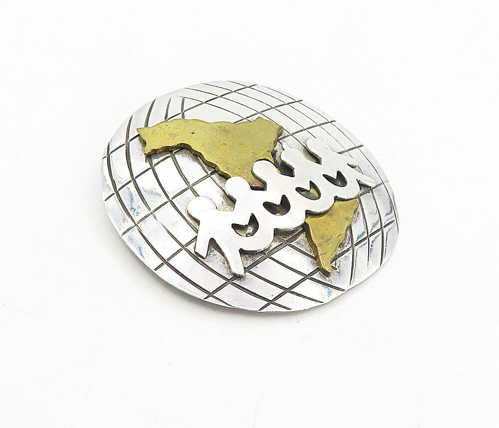 MEXICO 925 Sterling Silver  Vintage Two Tone World Unity Brooch Pin  BP3148