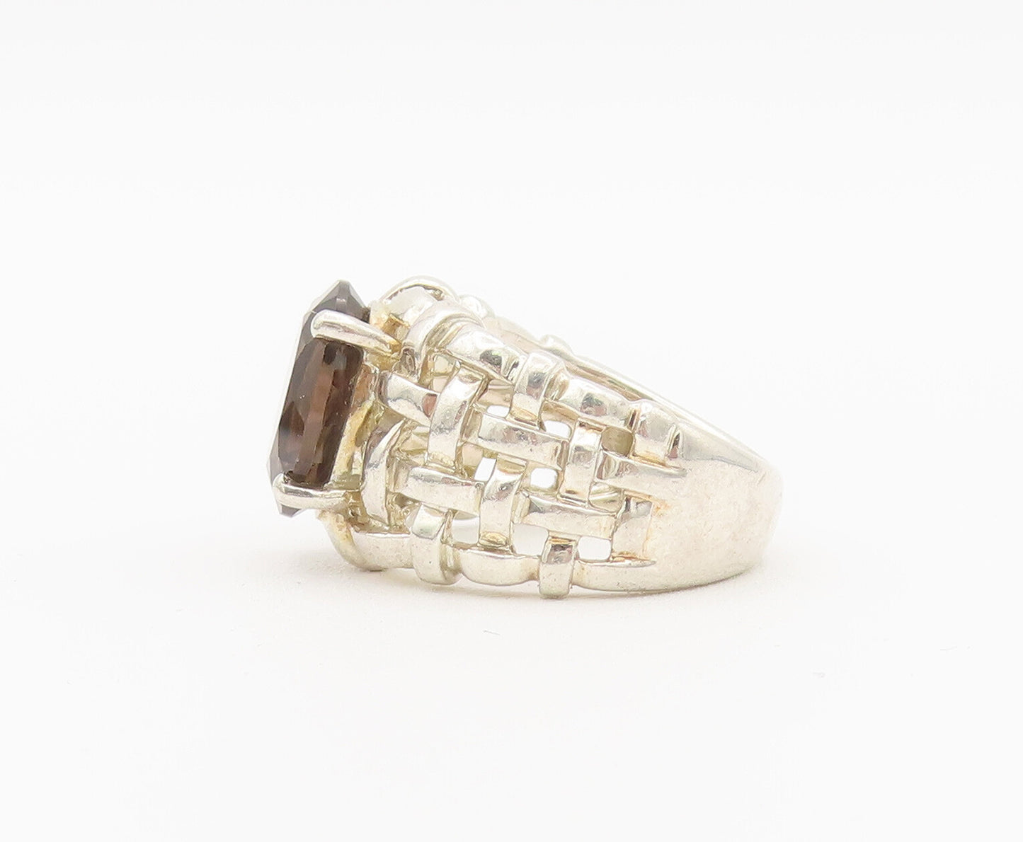 925 Sterling Silver Vintage Ring Checks Woven Effect Smokey Quartz Sz 6  RG27905