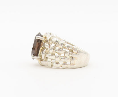 925 Sterling Silver Vintage Ring Checks Woven Effect Smokey Quartz Sz 6  RG27905