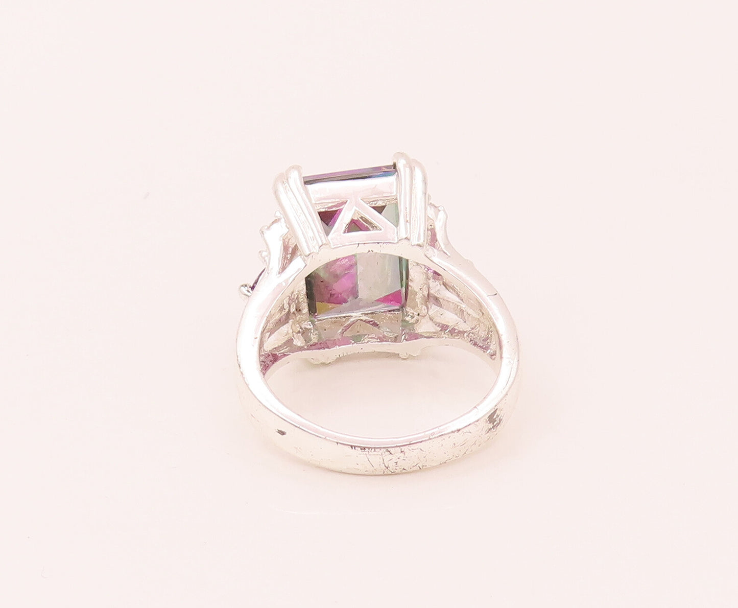 925 Silver  Vintage Rectangular Mystic Topaz Amethyst & CZ Ring Sz 10  RG26566