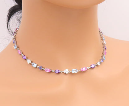 925 Sterling Silver Vintage Necklace Multi Gemstone Tennis Link Chain  NE4899