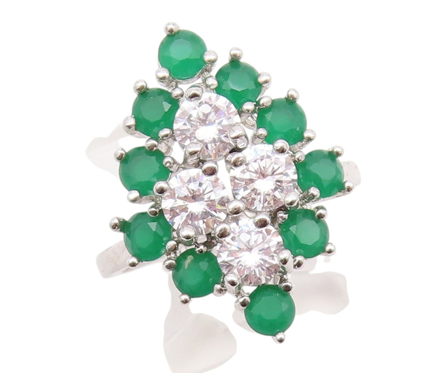 925 Sterling Silver Vintage Ring Modernist Round Cut CZ & Jade  Sz 8  RG33042