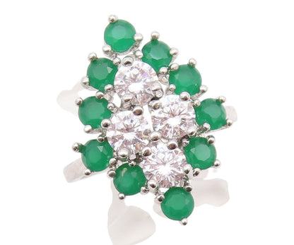 925 Sterling Silver Vintage Ring Modernist Round Cut CZ & Jade  Sz 8  RG33042