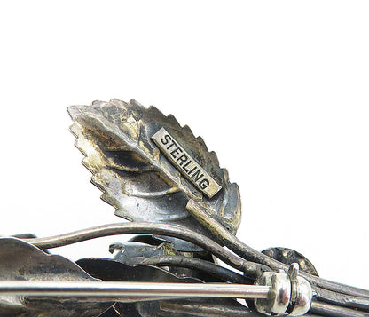 925 Sterling Silver  Vintage Oxidized Sculpted Flowers Motif Brooch Pin BP1992