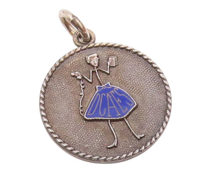 925 Sterling Silver  Vintage Enamel Woman In Blue Dress Pendant  PT19445
