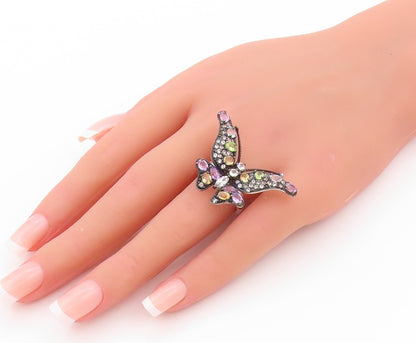 925 Sterling Silver Vintage Ring Gemstones And CZ Butterfly  Sz 8  RG32443