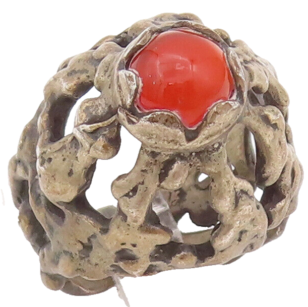 925 Sterling Silver Vintage Ring European Brutalist Real Carnelian Sz 7 RG27978