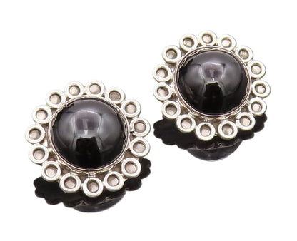 925 Sterling Silver Earrings MEXICO Cabochon Onyx Halo Carved Rings  EG12841