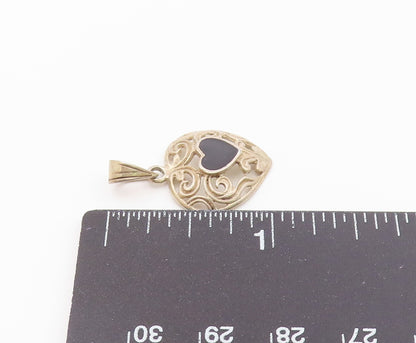 925 Sterling Silver  Vintage Black Onyx Love Heart Swirl Dome Pendant  PT17581