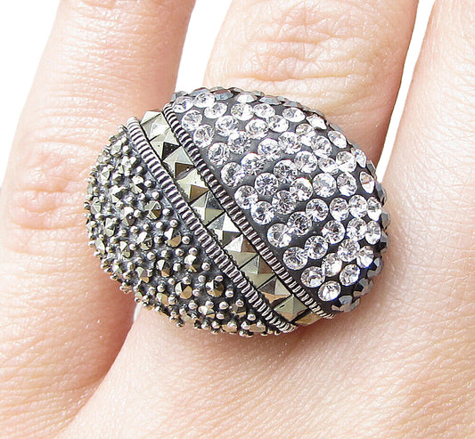925 Sterling Silver  Crystals & Marcasite Cluster Oval Band Ring Sz 6  RG1564