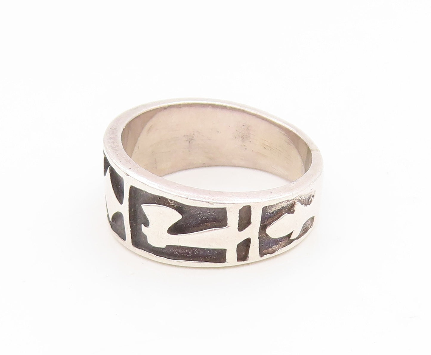 925 Sterling Silver Vintage Ring Modernist Carved Symbols Band  Sz 6  RG35297
