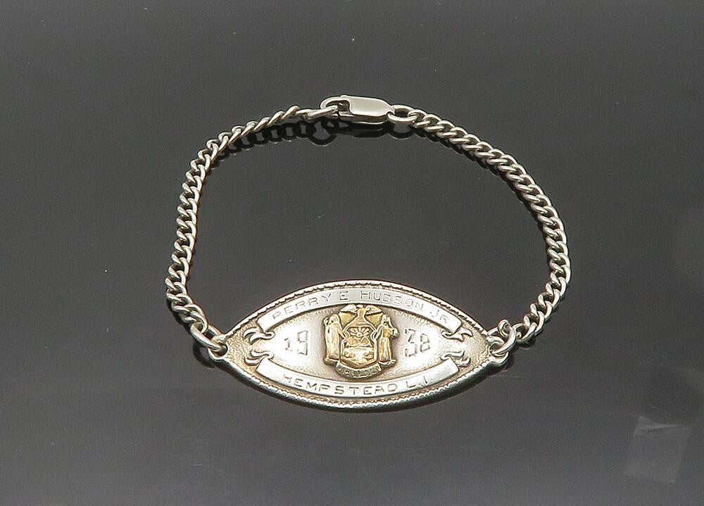 925 Silver & 14K GOLD  Vintage Antique 1938 Etched Name Chain Bracelet  BT7974