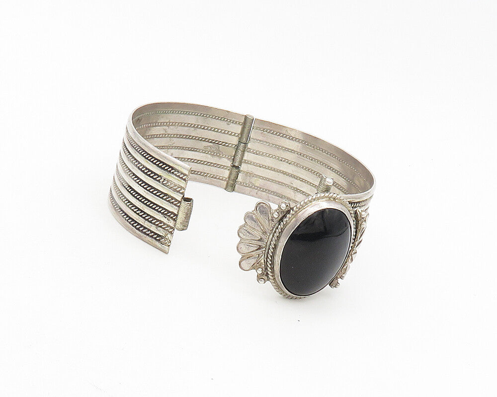 925 Sterling Silver  Vintage Black Onyx Ribbed Twist Bangle Bracelet  BT7498