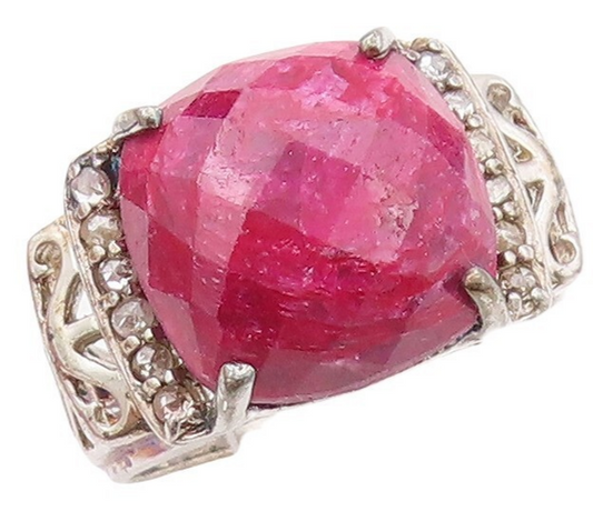 925 Sterling Silver Vintage Ring Diamonds Inlay Square Cut Ruby  Sz 7.5  RG30210