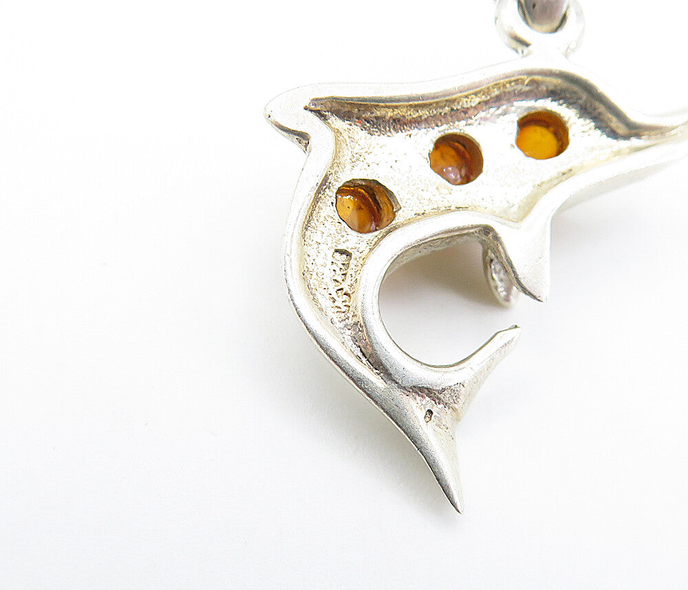 925 Sterling Silver Vintage Petite Amber Dolphin 3 Stone Drop Pendant PT5513