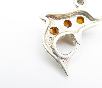 925 Sterling Silver Vintage Petite Amber Dolphin 3 Stone Drop Pendant PT5513