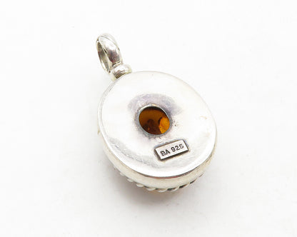BALI 925 Sterling Silver  Vintage Cabochon Cut Amber Twist Pendant  PT10018