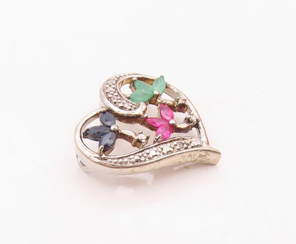 925 Silver  Vintage Sapphire Ruby & Emerald Floral Love Heart Pendant  PT20988