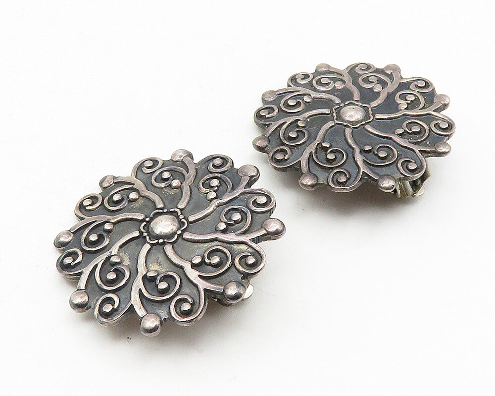CII MEXICO 925 Silver   Vintage Oxidized Floral Non Pierce Earrings  EG5758