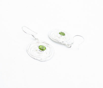 925 Sterling Silver  Peridot Raised Design Round Shiny Dangle Earrings  EG2551