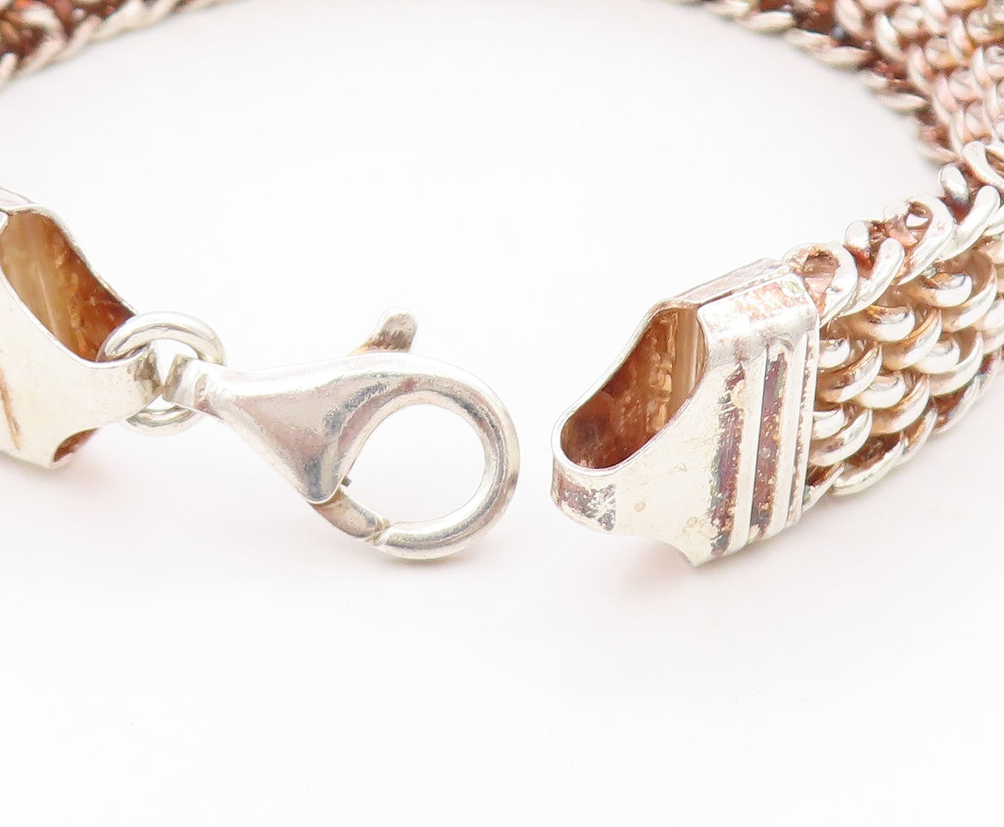 925 Sterling Silver Vintage Bracelet Solid Double Curb Woven Link Chain  BT11411