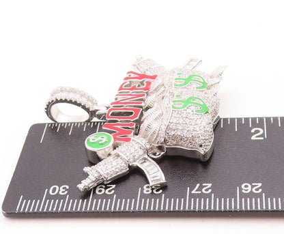 925 Sterling Silver Vintage Pendant CZ Inlay AK47 & Carved Money Cutout  PT23768