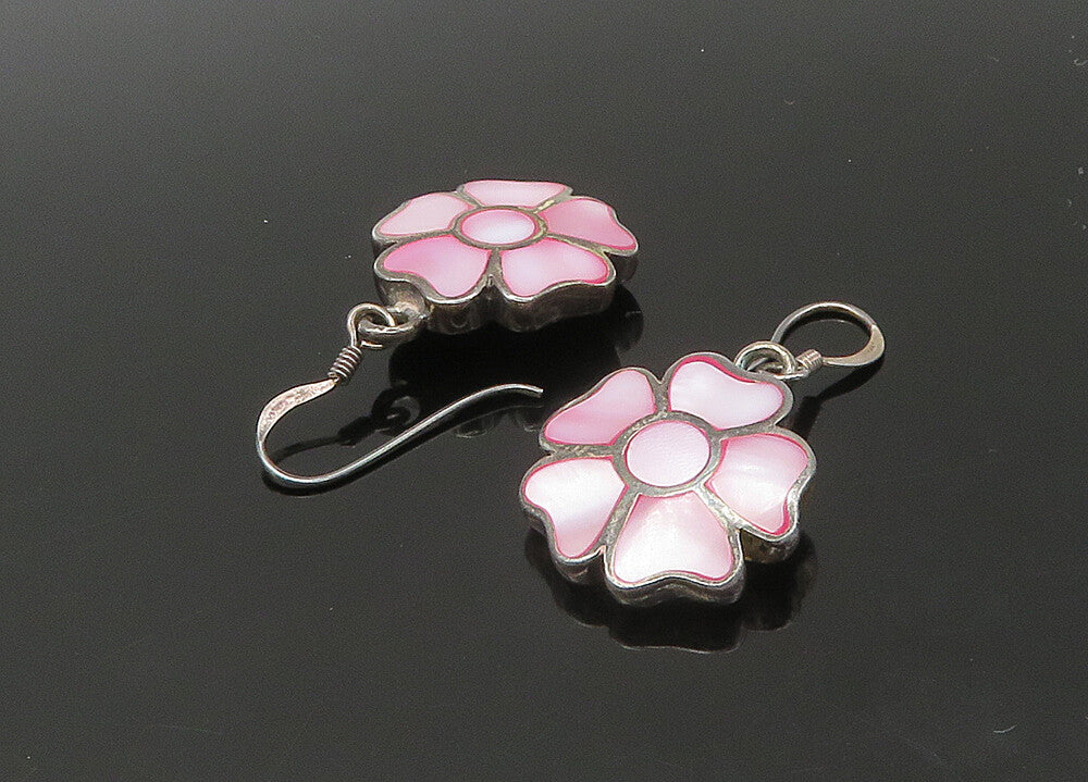 925 Sterling Silver  Vintage Mother Of Pearl Flower Dangle Earrings  EG11055