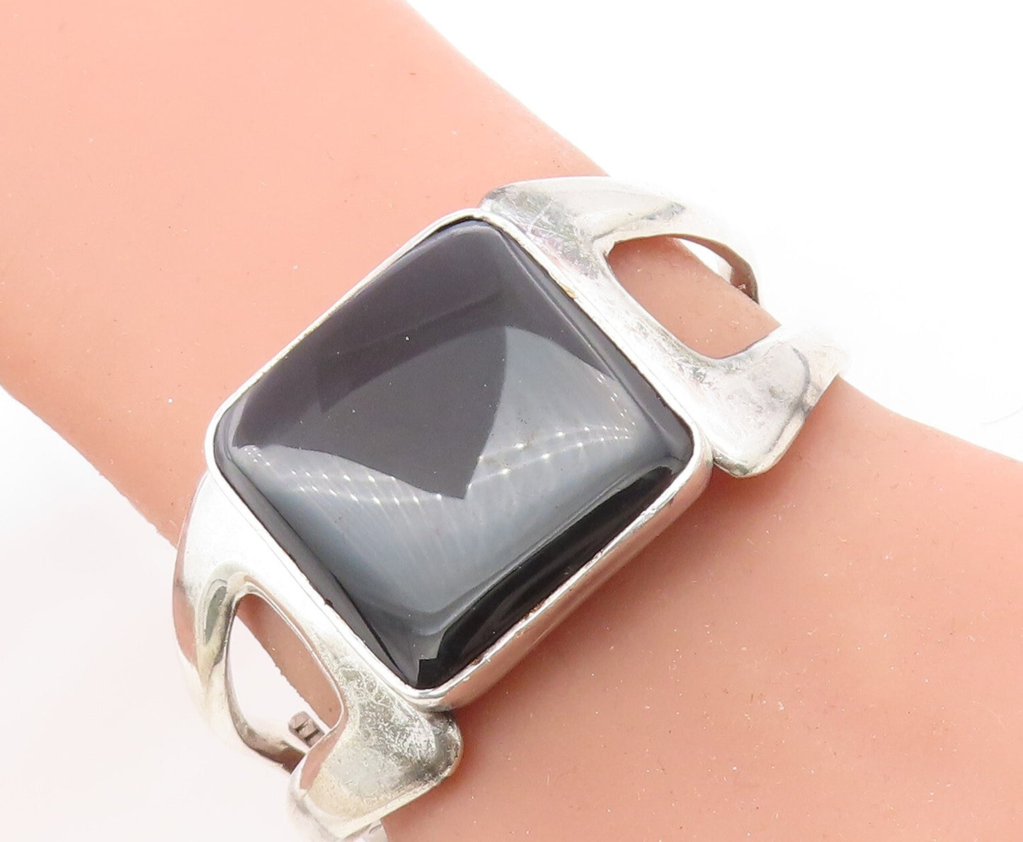 RCN MEXICO 925 Sterling Silver  Vintage Black Onyx Bangle Bracelet  BT3189
