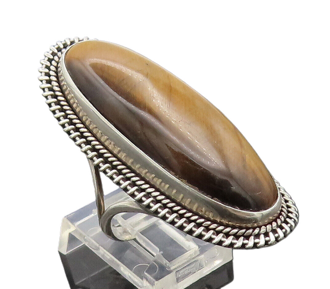 925 Sterling Silver  Vintage Large Tiger's Eye Halo Rope Ring Sz 9.5  RG26990